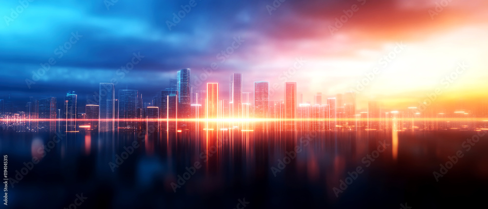 Naklejka premium Stunning urban sunrise over city skyline modern metropolis digital art serene environment wide angle view inspiration and growth