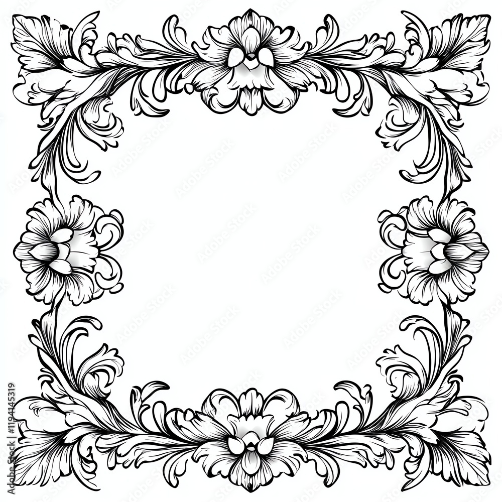 A decorative floral frame featuring intricate designs with flowers and elegant swirls, ideal for borders or invitations. A decorative floral frame featuring intricate designs with flowers and elegant swirls, ideal for borders or invitations.