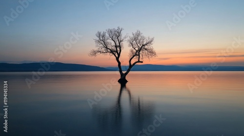 Solitary tree reflected in calm lake water at sunset.