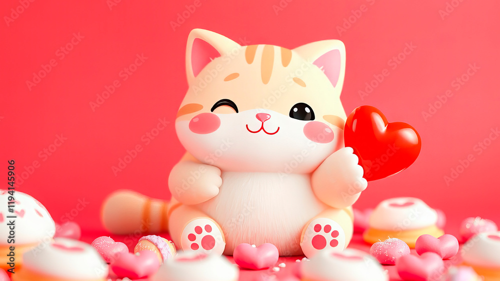 A cute smiling cat gives a red heart and smiles on Valentine's Day, the day of love A cute smiling cat gives a red heart and smiles on Valentine's Day, the day of love
