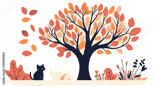 Autumn scene with tree and cat, tranquil nature photo