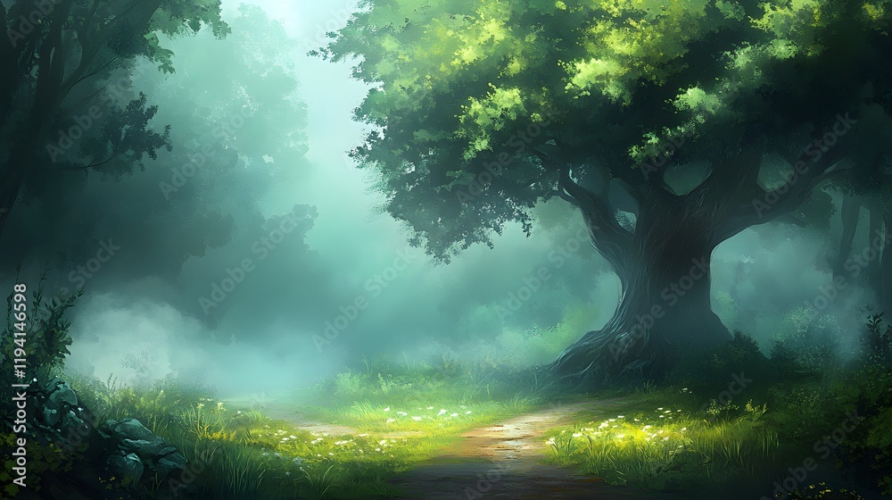 Misty Forest Path Leading To Ancient Tree Misty Forest Path Leading To Ancient Tree
