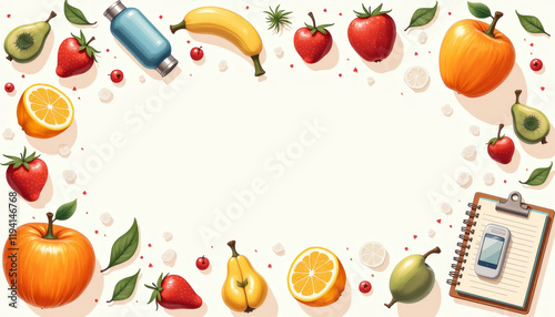 Healthy Lifestyle Diet Planning Frame with Fresh Fruits and Digital Device photo