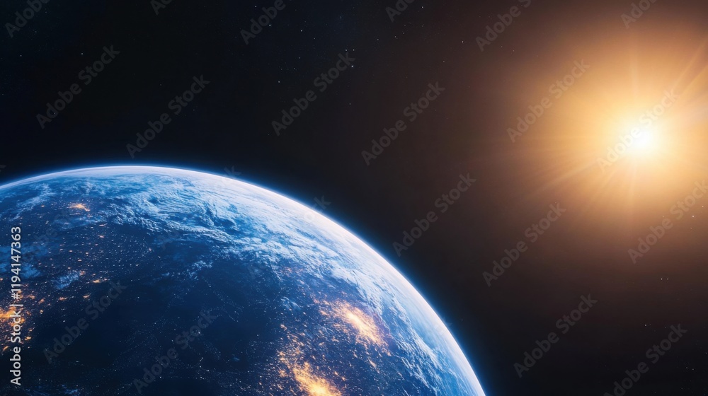Obraz premium Stunning View of Earth from Space Captured Against a Backdrop of Stars and Bright Sunlight, Showcasing the Planet's Vibrant Blue Oceans and Atmospheric Glow