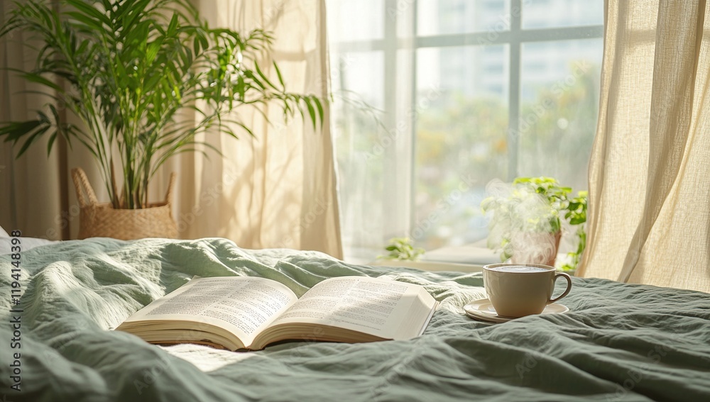 Relaxing Morning: Enjoying a Warm Drink and Book by Sunny Window Relaxing Morning: Enjoying a Warm Drink and Book by Sunny Window
