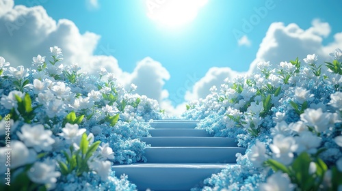 Heavenly Stairway: A Dreamlike Path Through White and Blue Flowers Under a Sunny Sky