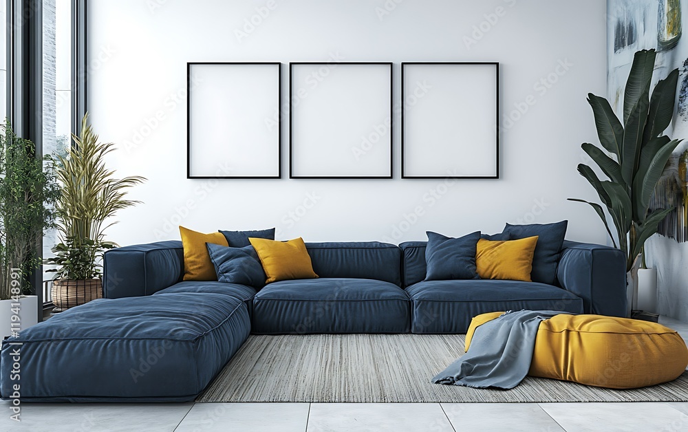 Fototapeta premium Modern living room interior design, sectional sofa, city view,plants