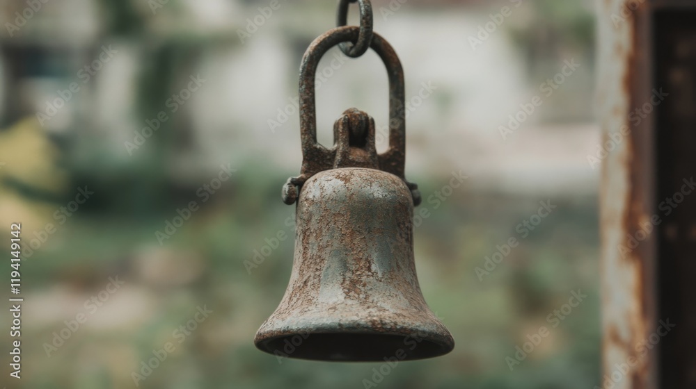 Obraz premium Close-up of a rusty, antique bell hanging outdoors.