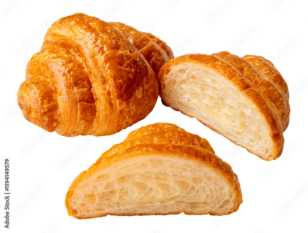 Top view set of single brown or golden croissant with two halves in stack isolated with clipping path in png file format Top view set of single brown or golden croissant with two halves in stack isolated with clipping path in png file format
