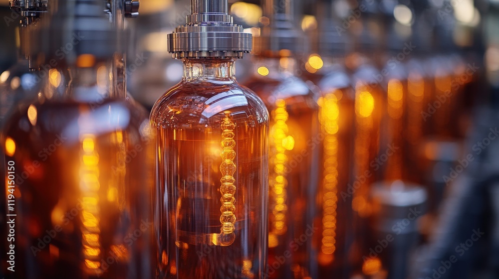 Close-Up of Amber Liquid in Bottles on Factory Production Line, Highlighting Industrial Manufacturing Process and Modern Techniques in Beverage Industry Close-Up of Amber Liquid in Bottles on Factory Production Line, Highlighting Industrial Manufacturing Process and Modern Techniques in Beverage Industry