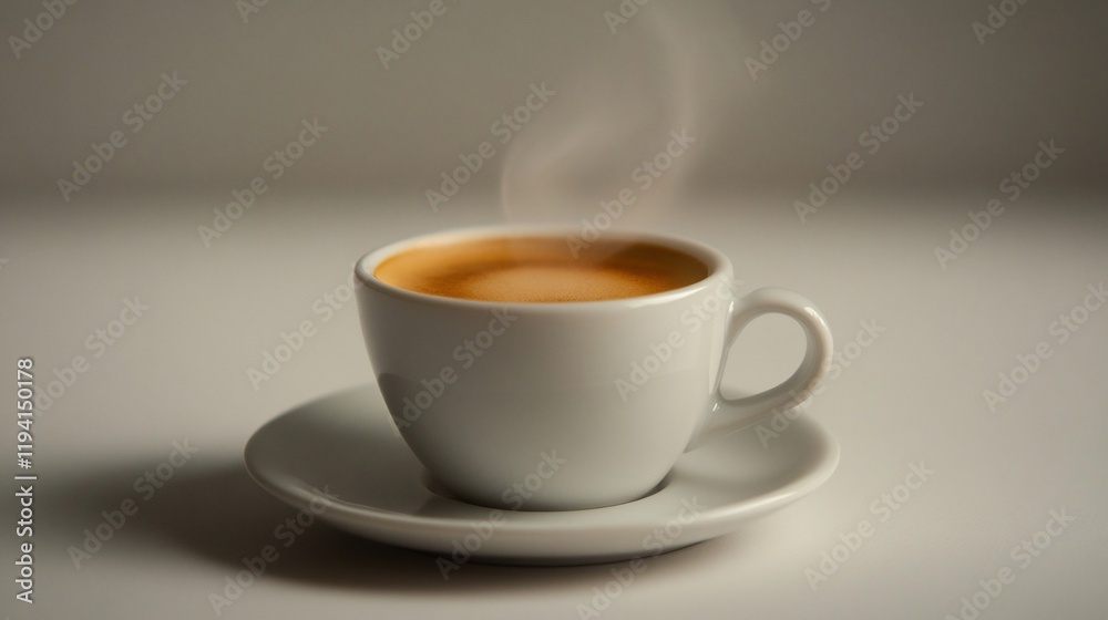 Steaming espresso in a white cup and saucer on a white surface. Steaming espresso in a white cup and saucer on a white surface.