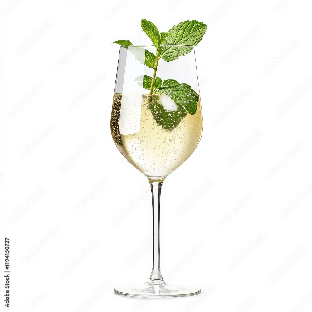 A chilled white wine spritzer with a sprig of mint, light and refreshing, isolated white background A chilled white wine spritzer with a sprig of mint, light and refreshing, isolated white background