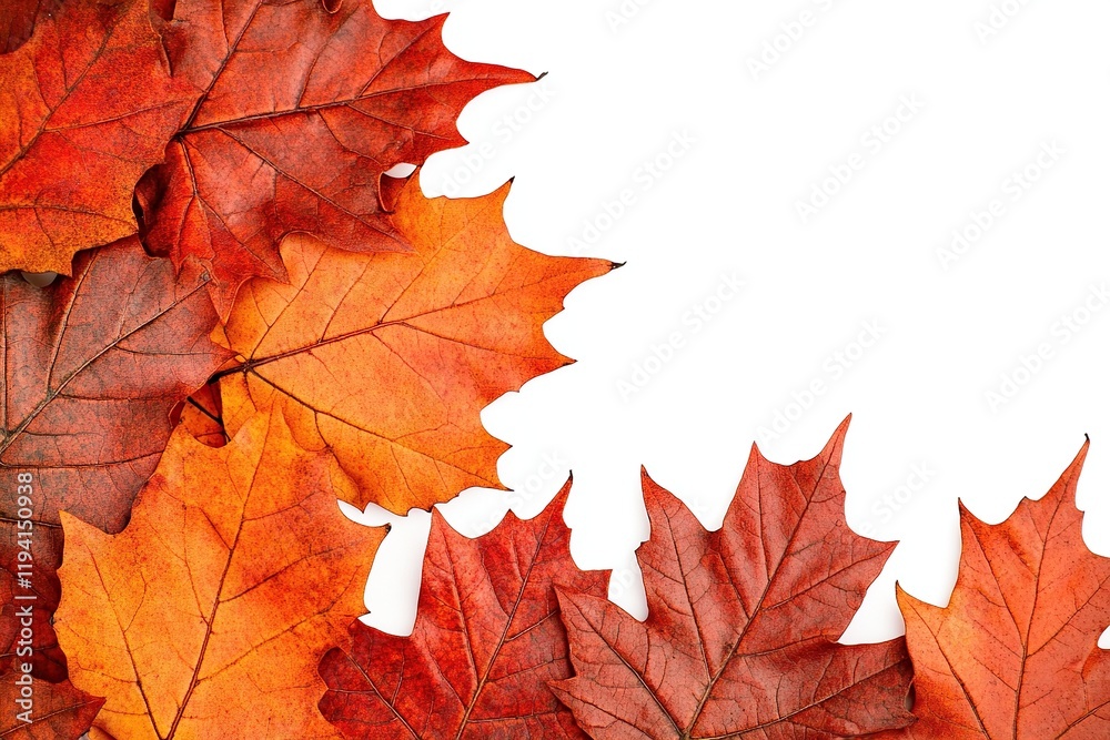 Autumn Leaves: Orange and Red Fall Foliage Display Against White Background for Seasonal Designs Autumn Leaves: Orange and Red Fall Foliage Display Against White Background for Seasonal Designs