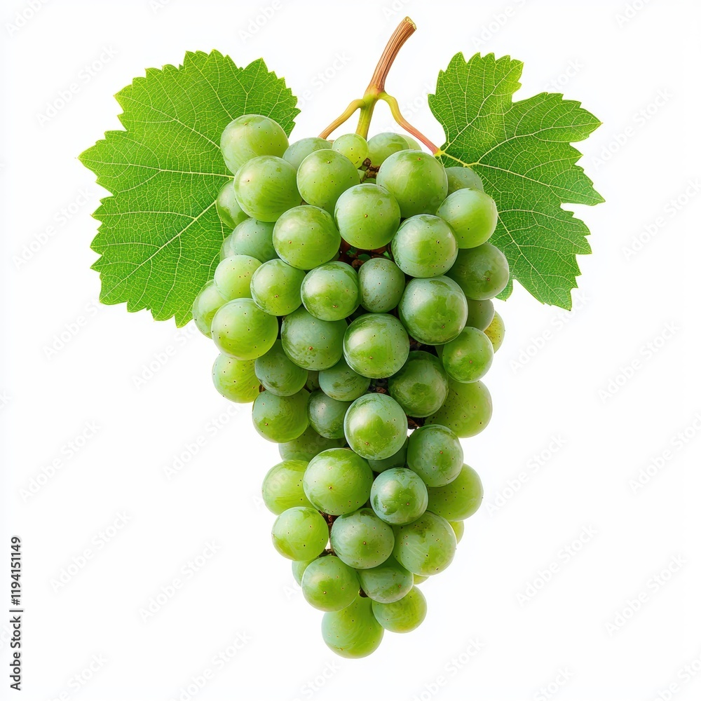 Fresh Green Grapes with Leaves Isolated on White Background Fresh Green Grapes with Leaves Isolated on White Background