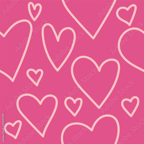 Seamless pattern of pink outline doodle hearts or love. Cute and romantic vector design background.