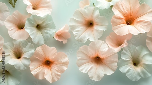 Delicate petunias arranged with geometric starburst accents, soft tones of pastel mint and blush, seamless tile for vintage-inspired wallpaper, nostalgic mid-century charm, hd quality,