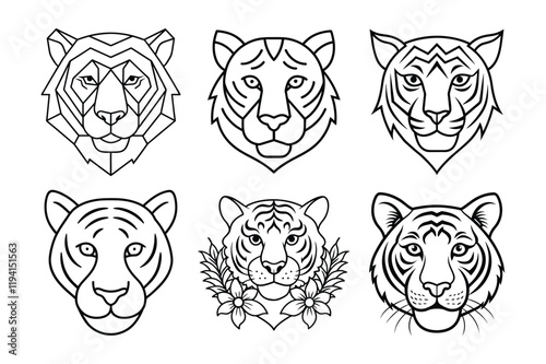 Set of unique tiger head line art with geometric and artistic elements photo