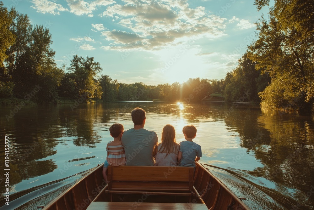 Family enjoying a boat ride on a calm river, half-body shot, parents and kids smiling, serene holiday moment, reflections on the water, nature all around, peaceful and vibrant, photographic style Family enjoying a boat ride on a calm river, half-body shot, parents and kids smiling, serene holiday moment, reflections on the water, nature all around, peaceful and vibrant, photographic style