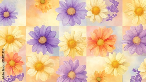 Elegant daisies forming a geometric checkerboard arrangement, vibrant pastel hues of yellow, lavender, and peach, retro-inspired seamless pattern, intricate floral details, hd quality,