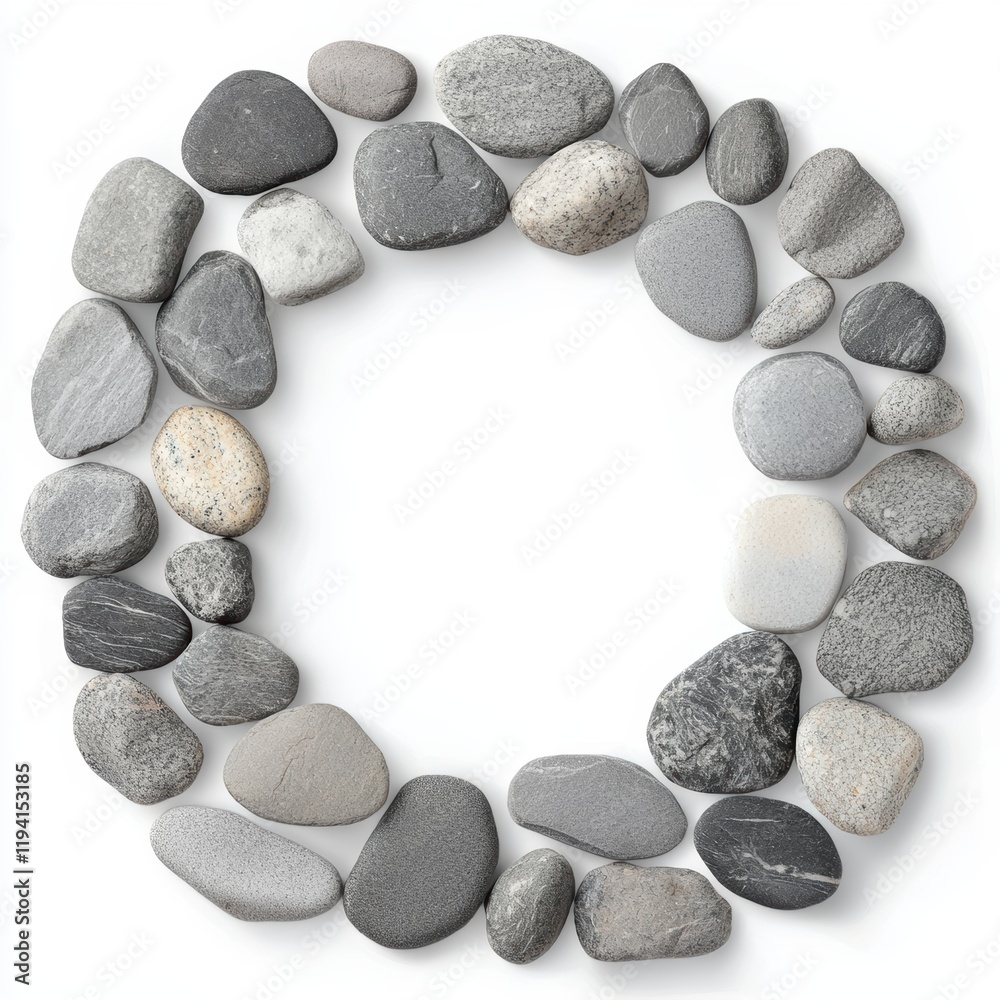 Circular Arrangement of Smooth Gray Pebbles on White Background Circular Arrangement of Smooth Gray Pebbles on White Background