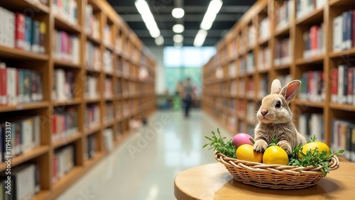 Rabbit with pastel Easter eggs on a wooden table in library. Blurred bookshelves and person in the background. Festive springtime concept with cute bunny and colorful decorations.