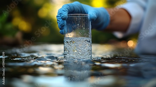 Close-up of a gloved hand holding a glass of sparkling water above a reflective surface outdoors