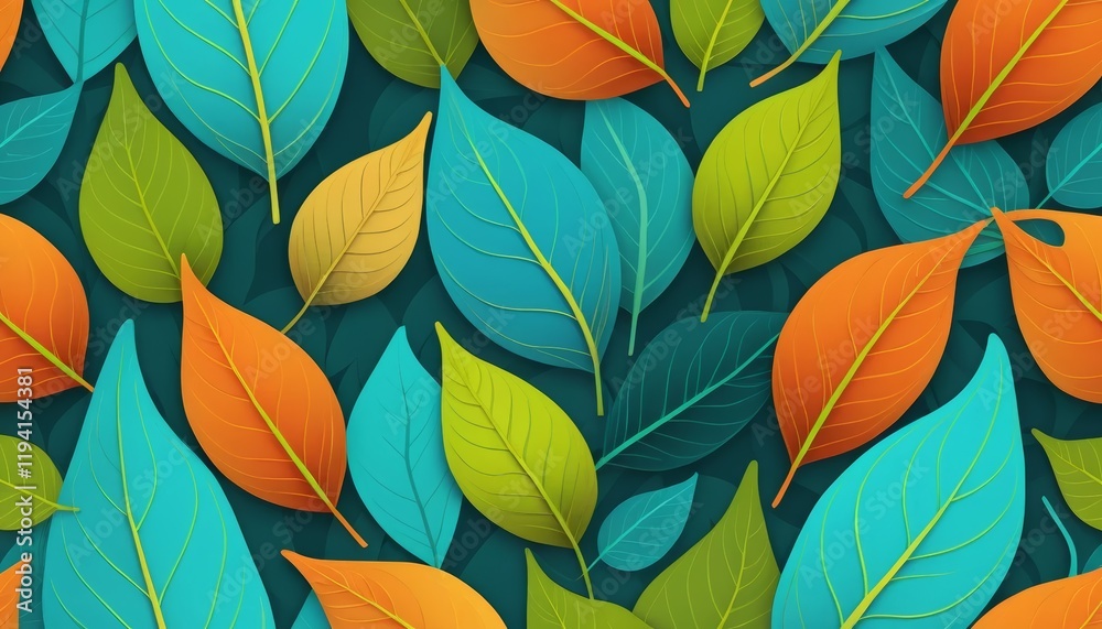 Vibrant autumn leaves seamless pattern background with colorful foliage in teal, orange, and green shades. Vibrant autumn leaves seamless pattern background with colorful foliage in teal, orange, and green shades.