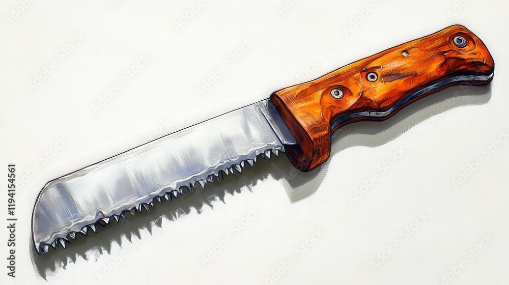 Detailed Close-Up of a Sharp, Serrated Kitchen Knife with a Wooden Handle, Perfect for Culinary Use and Food Preparation in Professional and Home Kitchens Detailed Close-Up of a Sharp, Serrated Kitchen Knife with a Wooden Handle, Perfect for Culinary Use and Food Preparation in Professional and Home Kitchens