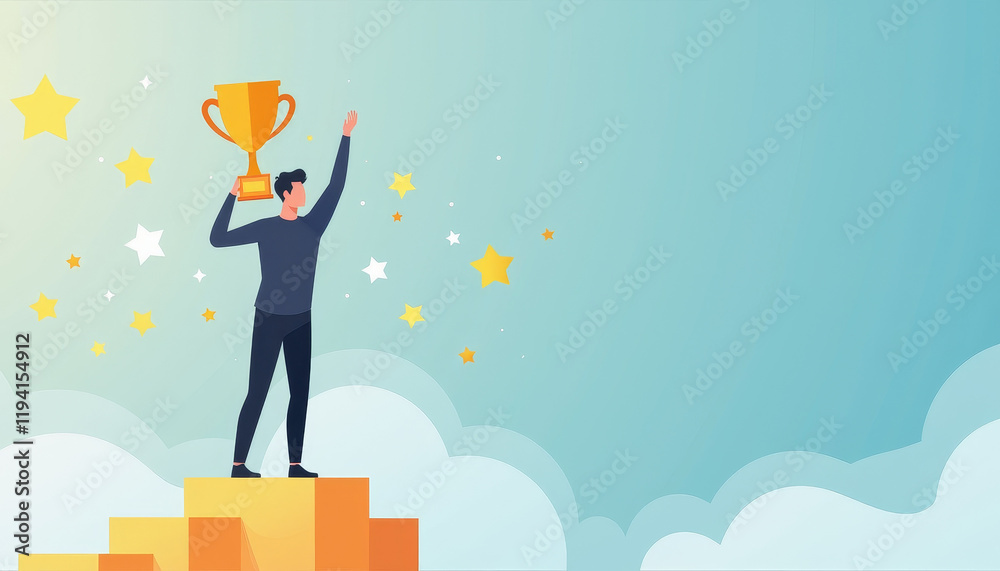 Obraz premium Winner Holding Trophy on Podium