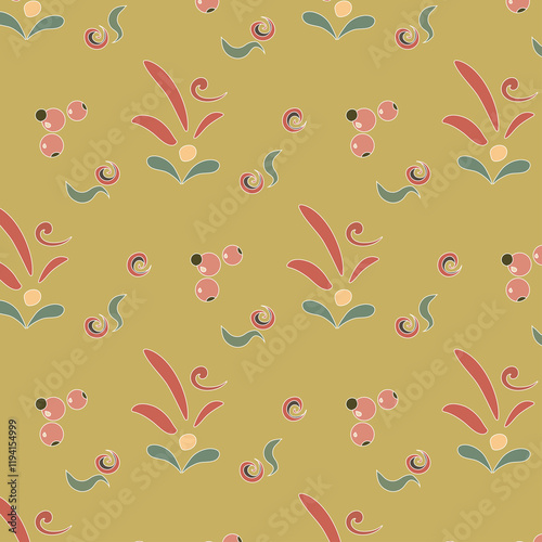 A pattern of small elements in the form of stylized leaves, berries, spirals in the palette of folk paintings.