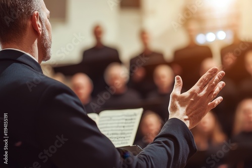 Conductor conducts an orchestr, the music of the orchestror the voices in choir sound coherent