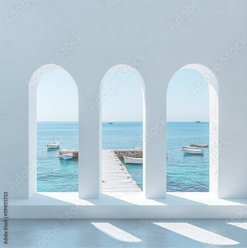 Greek coastal style with smooth white stucco walls,three medium size square windows.center window frames a small pier fishing boats,the side windows show the calm,endless blue sea under a blue sky