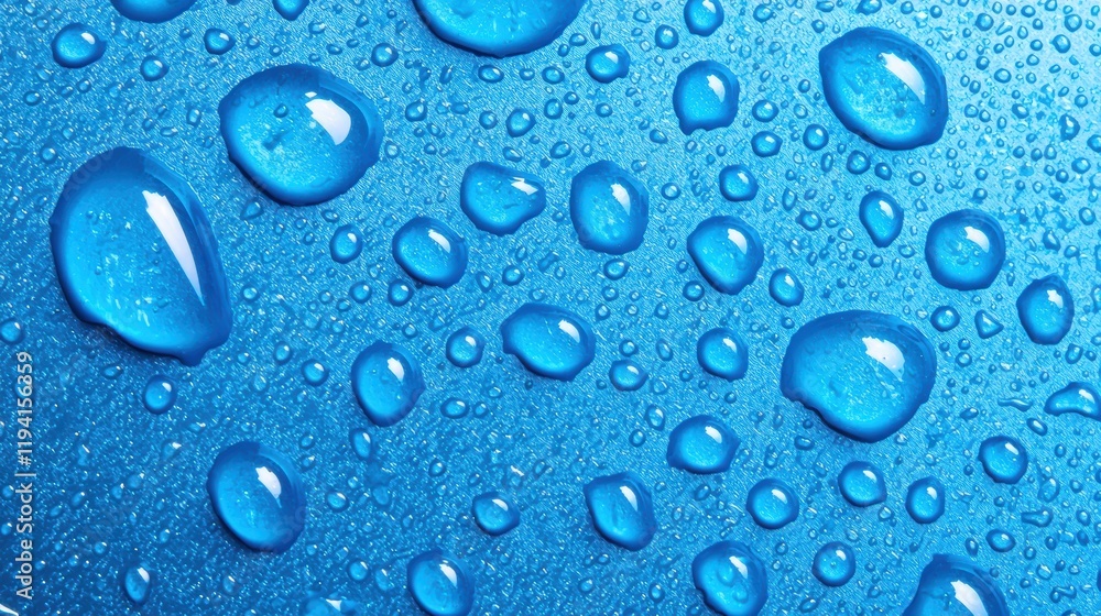 Close-Up View of Water Droplets on Vibrant Blue Surface Close-Up View of Water Droplets on Vibrant Blue Surface