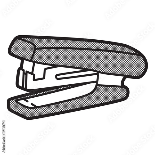 black and white drawing, vector line art, common handheld stapler facing sideways