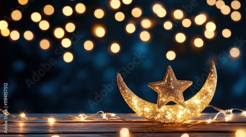 Golden Star and Crescent Moon Decoration with Sparkling Lights, Perfect for Festive Season or Home Decor photo