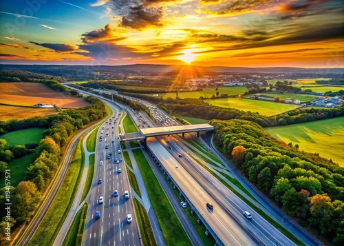 Aerial View of Pennsylvania Turnpike Exits and Toll Plazas at Sunset