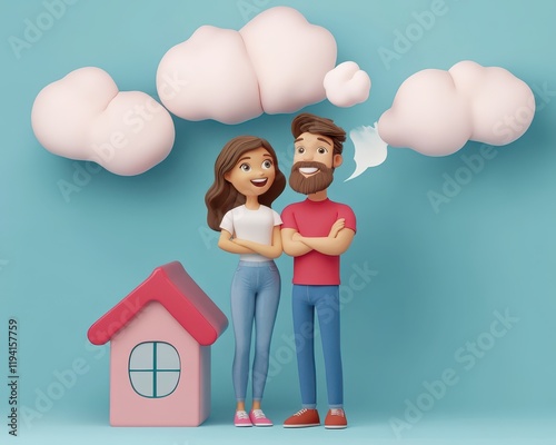 Animatedstyle rendering of a happy couple with a Dream Home speech bubble, housing loan, concept of goal visualization photo