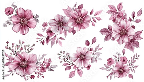 Watercolor Dusty Rose Floral Bouquets: Elegant Botanical Illustrations for Design Projects