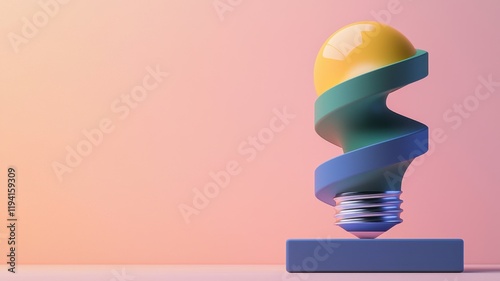 A colorful, abstract sculpture features a spiraled body with a bulbous top, resting on a square base against a soft gradient background.