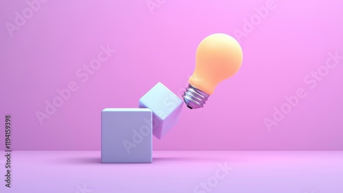 A glowing light bulb tilts above a soft cube, set against a pastel pink backdrop, symbolizing innovation and creativity.