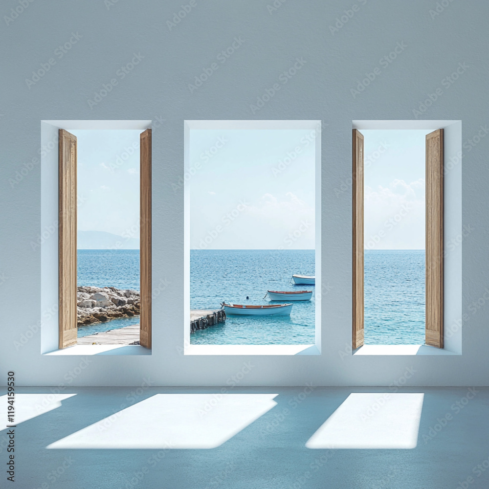 empty interior Greek coastal style with smooth white stucco walls, opend wood shutters , featuring three large square windows. The center window frames a small pier with fishing boats empty interior Greek coastal style with smooth white stucco walls, opend wood shutters , featuring three large square windows. The center window frames a small pier with fishing boats