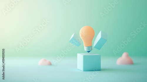 A glowing light bulb floats above a pastel blue cube, surrounded by soft pink shapes, creating a whimsical and creative atmosphere.