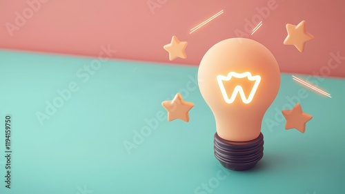A glowing light bulb with a whimsical design, surrounded by stars, set against a pastel background, symbolizing creativity and inspiration.