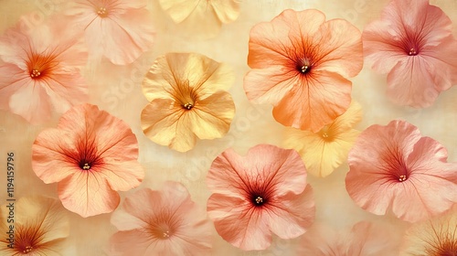 Repeating petunia patterns with layered starbursts in muted vintage hues of yellow and peach, retro wallpaper aesthetic, aged linen texture overlay, smooth light, symmetrical floral composition,