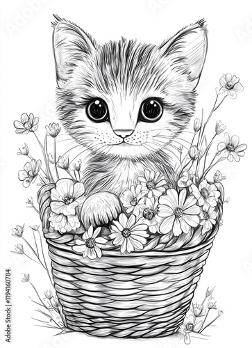 Adorable Kitten in a Basket with Blooming Flowers: Black and White Outline for Coloring Pages
