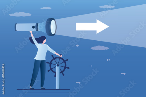 Businesswoman captain uses flashlight and control rudder helm. Leadership to lead company right direction, vision to see opportunities and goals.