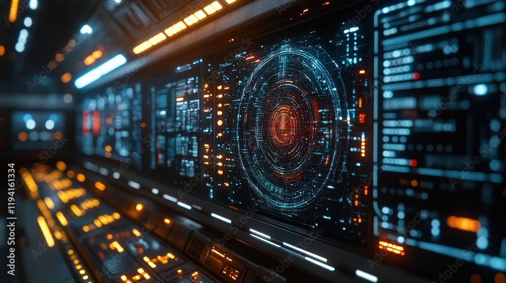 Fototapeta premium Futuristic Control Room Interface with Digital Displays, Circuits, and Data Visualization Elements for High-Tech Environments and Sci-Fi Settings