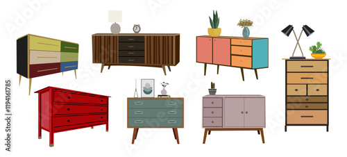 Chest of drawers, bedside table set for interior design. Mid century modern dresser, commode with home decor. House equipment for bedroom, living room. Vector illustration isolated on white background