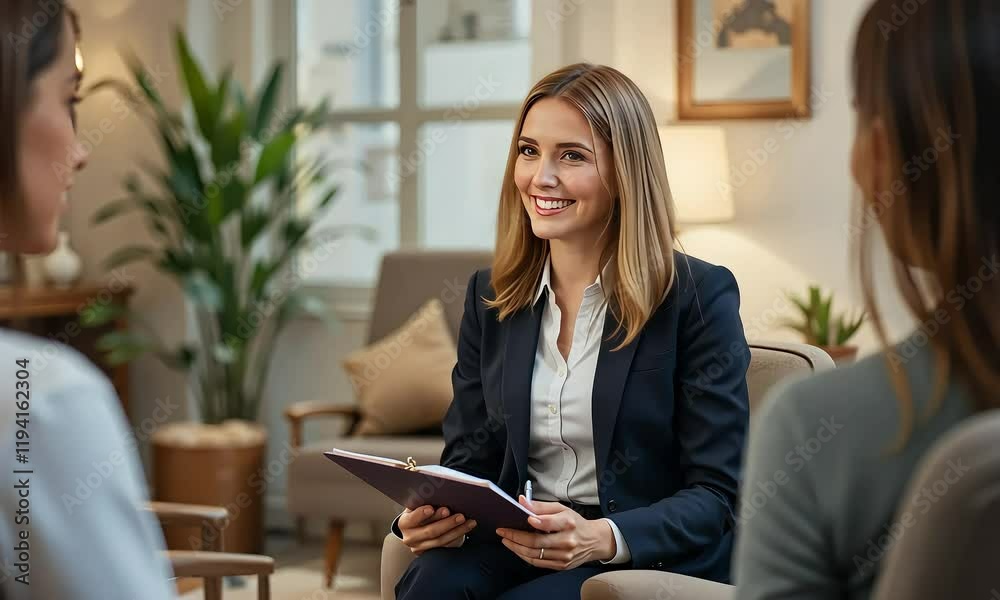 Confident Businesswoman Consulting with Clients in a Comfortable Office Setting Confident Businesswoman Consulting with Clients in a Comfortable Office Setting