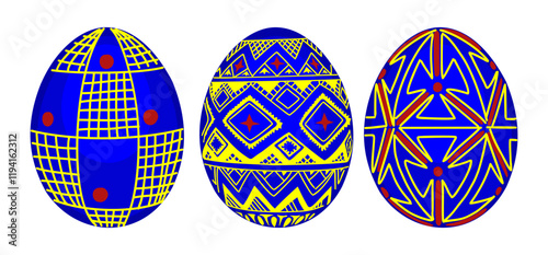 Set of easter eggs with traditional Ukrainian cross-stitch ethnic pattern, folk blue and yellow ornament. Gift for Spring Holidays in April. Vector realistic illustration isolated